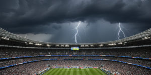 Estadio de fútbol con tormenta eléctrica aproximándose, representando el monitoreo de riesgos climáticos de Meteo.Tech.