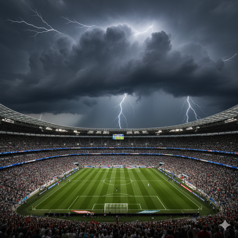 Estadio de fútbol con tormenta eléctrica aproximándose, representando el monitoreo de riesgos climáticos de Meteo.Tech.